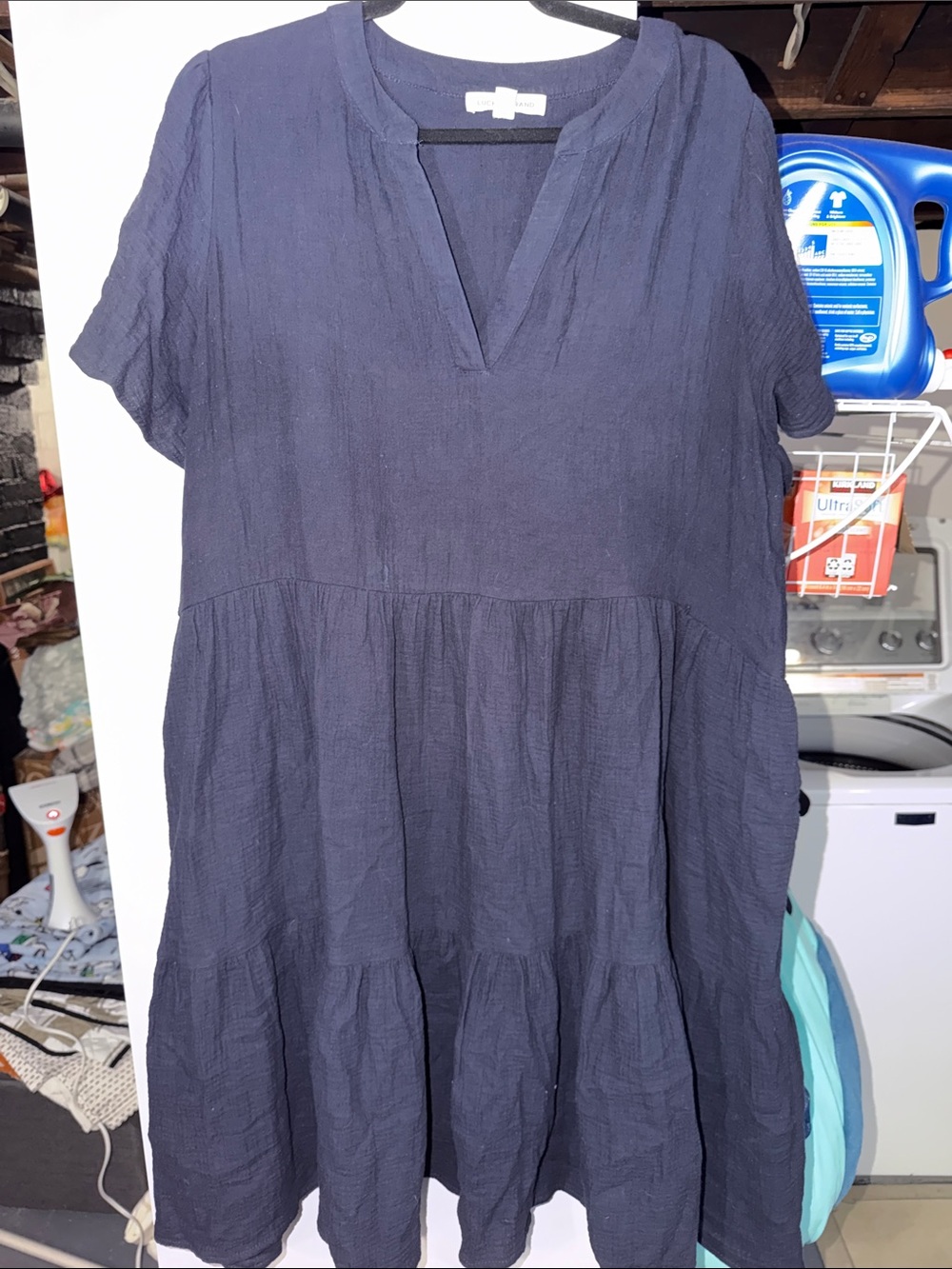 Lucky Brand Navy Blue Midi Tiered V-Neck Dress